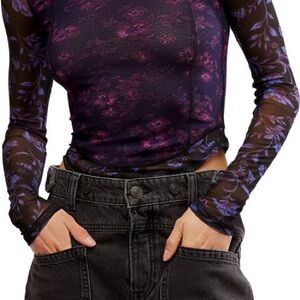 Free People Sheer Floral Long-Sleeve Mesh Top in Purple and Blue M